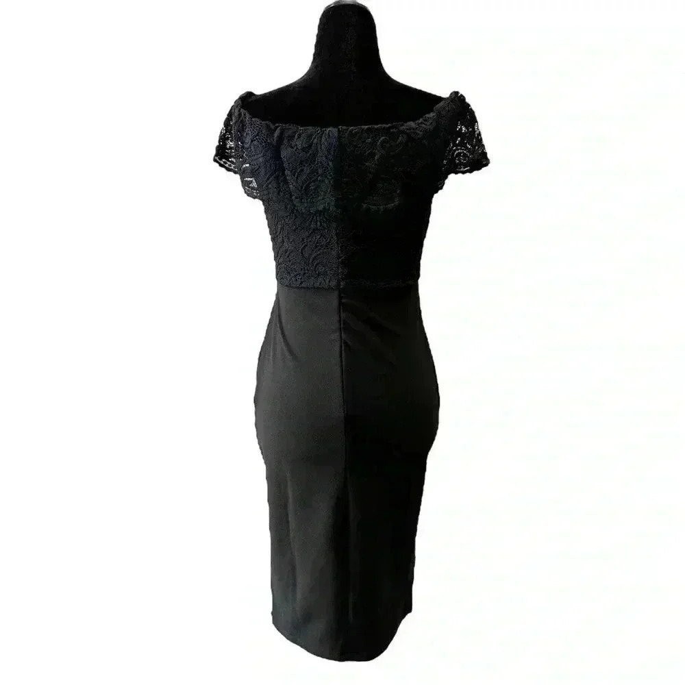 Le Chateau Black Cocktail Dress Off Shoulder Bardot Lace Bodice Formal LBD XS - Picture 3 of 16